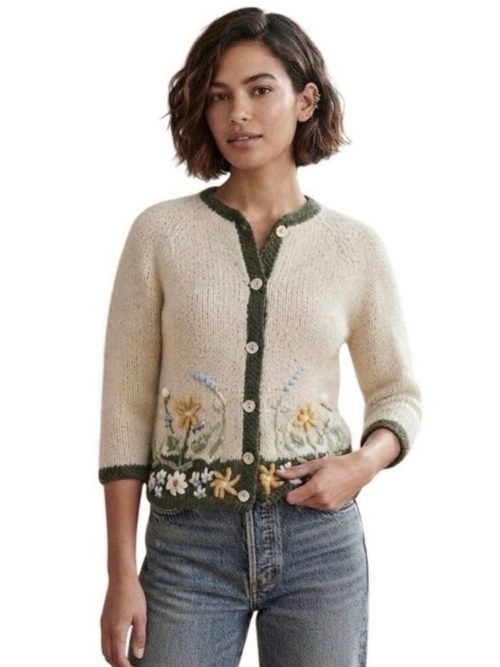 Wool Sweater Hand Knit Mohair Italian Cardigan Floral Embroidered Boho Vintage